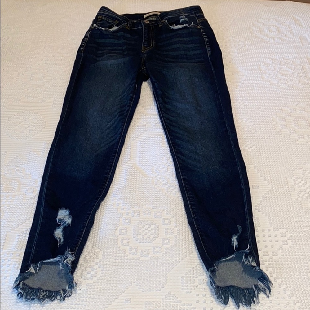 Kancan Dark Wash Distressed Straight Leg Jeans